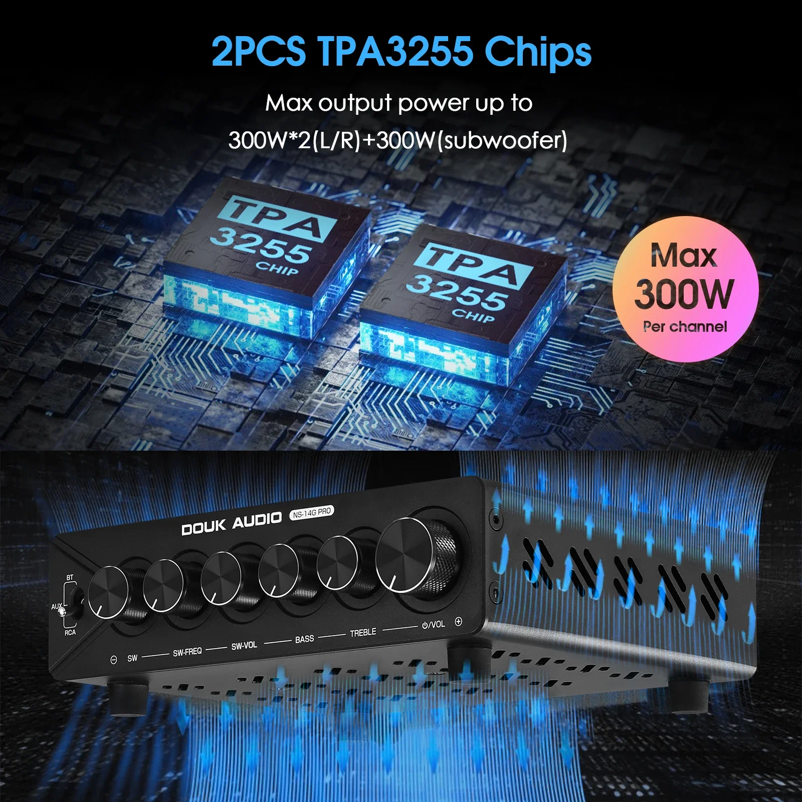 Douk Audio NS-14G-PRO HiFi 2.1 canais Bluetooth TPA3255 Amplificador digital Subwoofer Amplificador de potência de áudio estéreo 300W