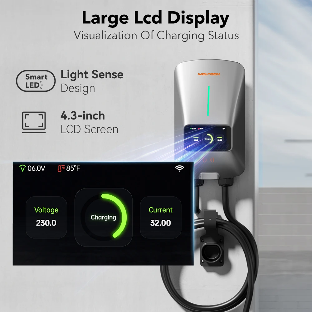 WOLFBOX EV Charging Station Type 2 7KW 32A 1 Phase Electric Vehicle Car Charger Wallbox with LCD Screen APP Control RFID Card