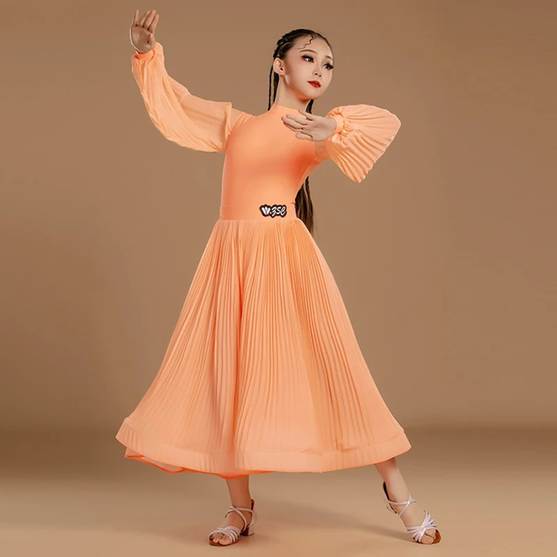 오렌지 볼룸 댄스 드레스 표준 성능 복장 랜턴 슬리브 레오타드 플리츠 스커트 소녀 왈츠 경쟁 드레스 3547