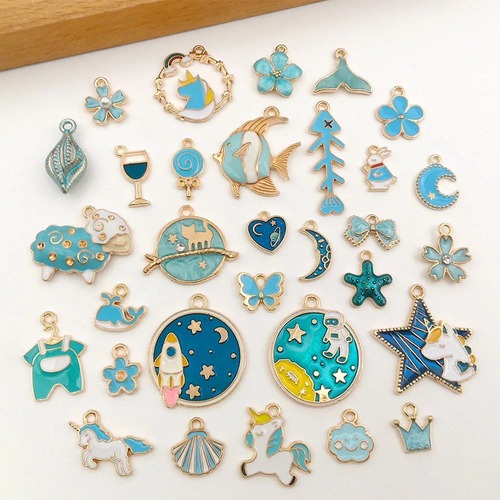 5pcs/lot Zinc Alloy Enamel Gold Plated Lake Blue Theme Charms Pendant for DIY Bracelets Necklace Earring Jewelry Making Findings