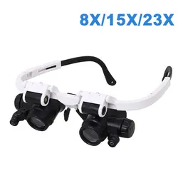 Head-wearing Glasses Magnifying Glass LED Light Jeweler Loupe 8X/15X/23X Welding Soldering Tools 1*LED Magnifier