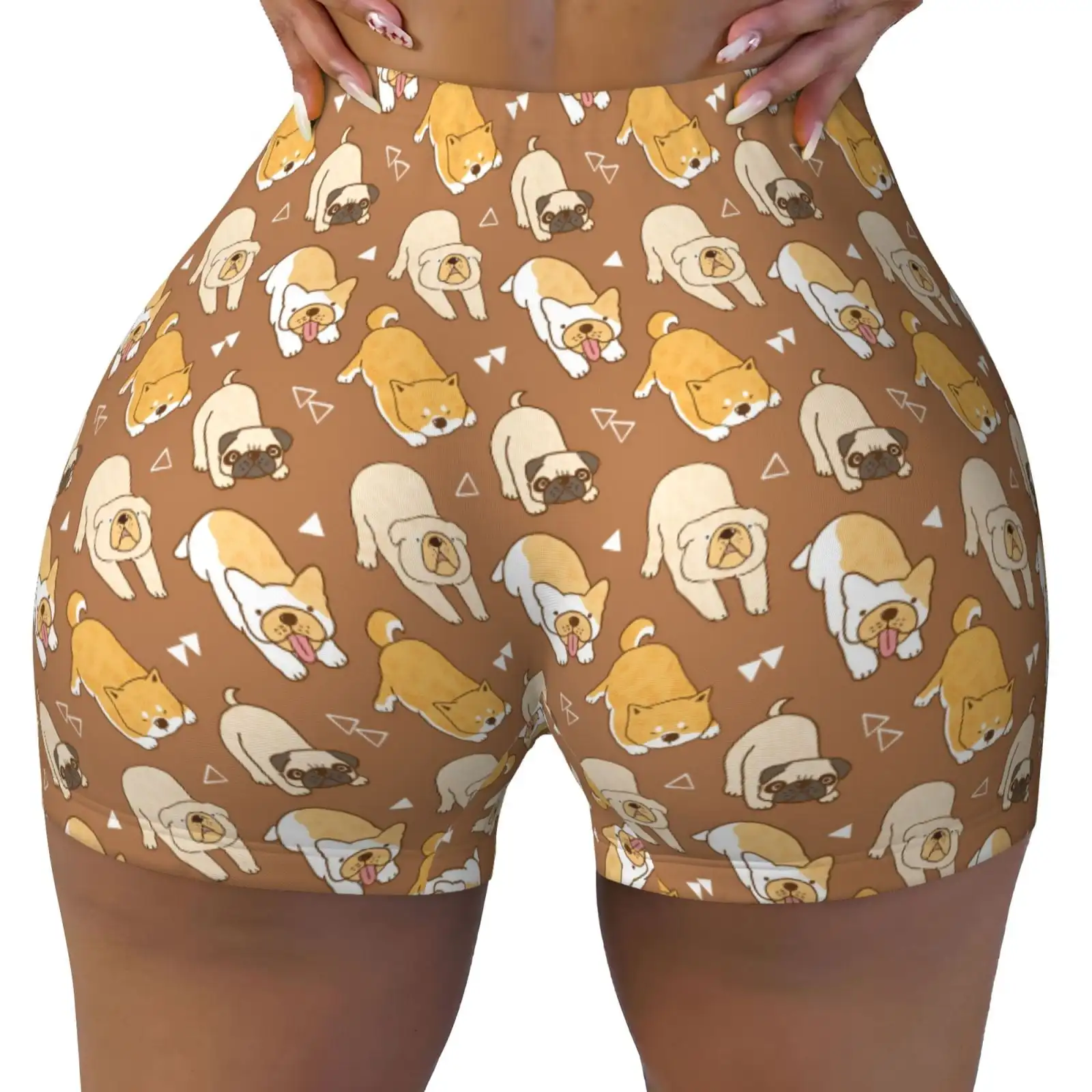 Cartoon Bulldog Print Workout Shorts for Women Seamless Soft Smooth Gym Yoga Scrunch Active Shorts