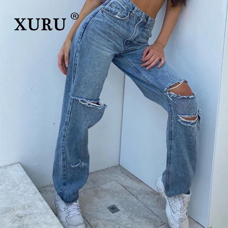 

XURU - European and American New High Waist Perforated Jeans Women's Wear, Blue Straight Leg Long Jeans K1-FZ10583