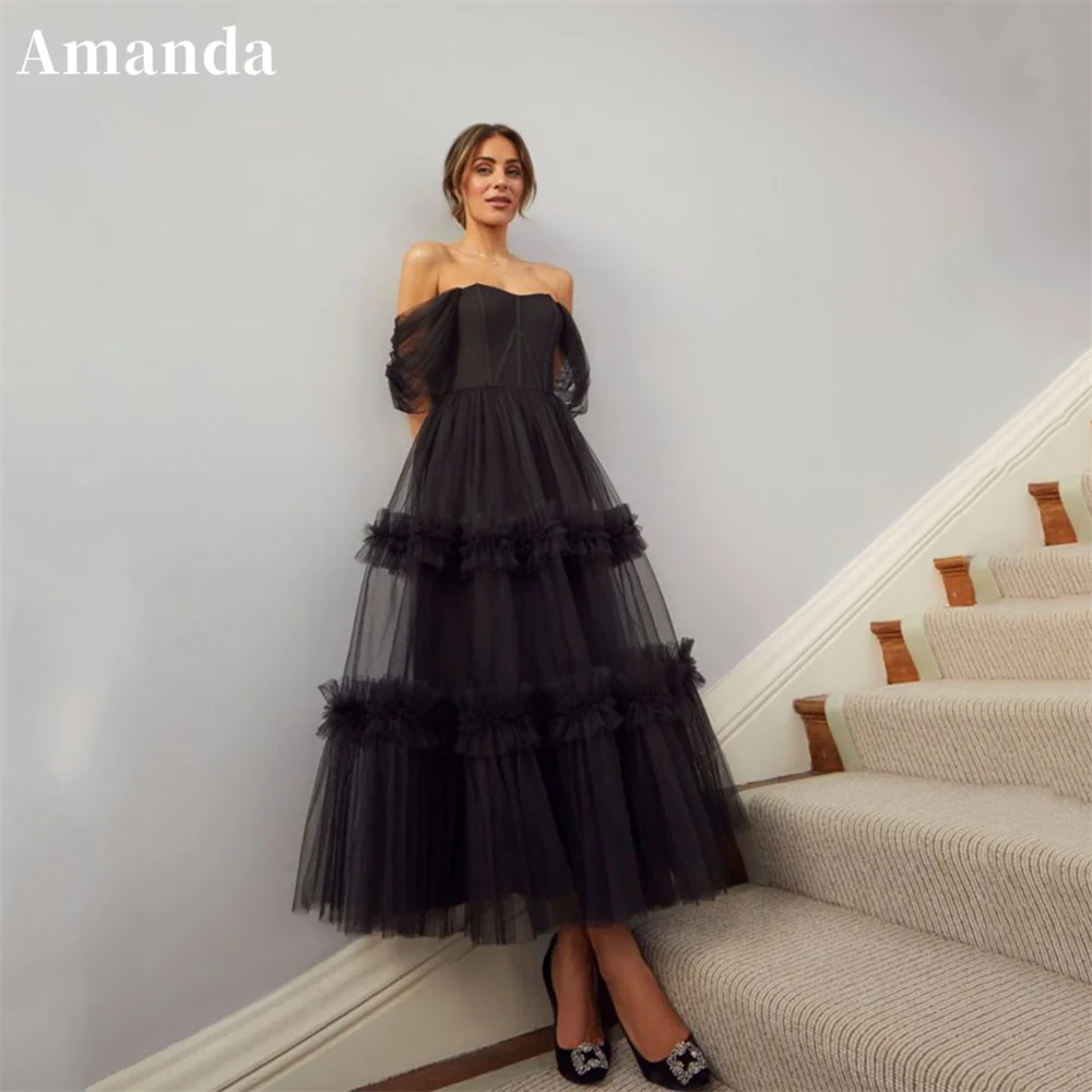 Amanda Off Shoulder Evening Dress Black A-line Prom Dress 2023 Sexy Perspective Party Dress Knee Lenght فساتين مناسبة رسمية