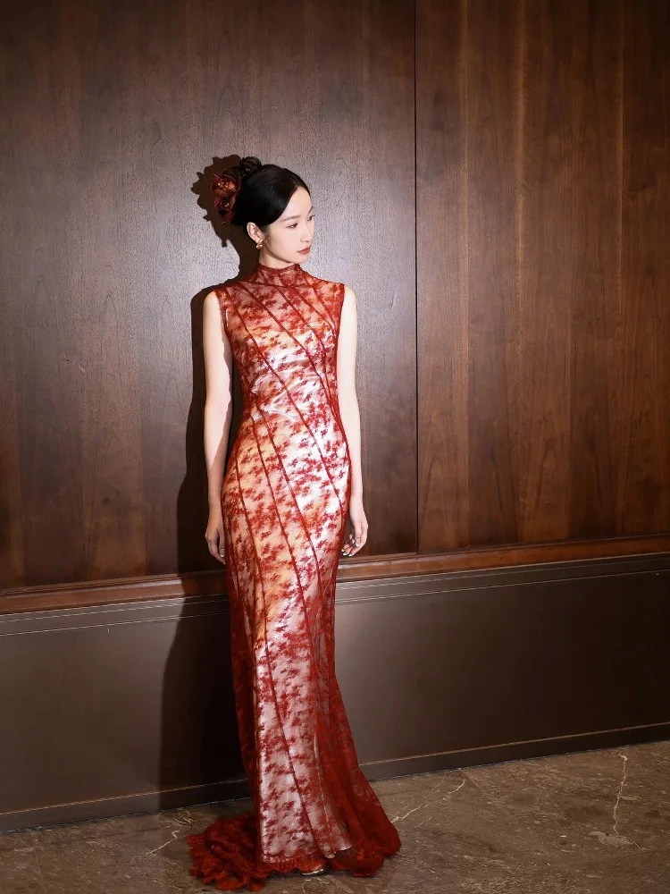 

Ele Red Lace Mermaid Gown New Chinese Sle Wedding Dr High Waist A-Line Skirt Svel Evening Par Women's Dr