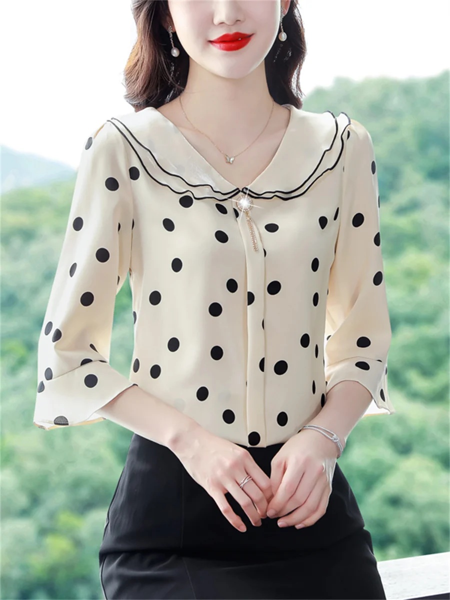 Women Spring Summer Blouses Shirts Lady Fashion Casual Half Sleeve Ruffles Collar Polka Dots Blusas Tops CT0216