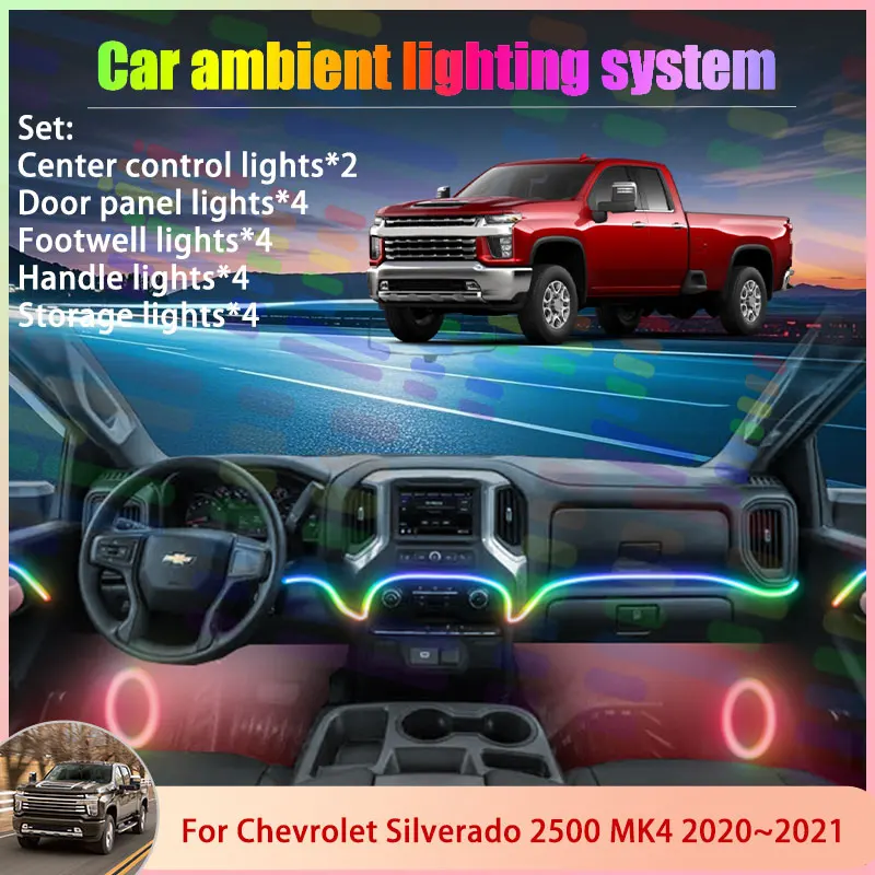 

Для Chevrolet Silverado 2500 MK4 4 2020 ~ 2021 6/18 в 1, автомобильная атмосферная лампа, RGB абажур, ансамбль, стример, атмосферный набор