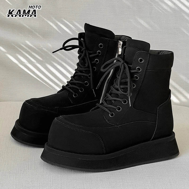 

Heightening Boots Big Head Motorcycle Boots for Men Lace-up Thick Bottom Short Ankle with Zipper Black Boots