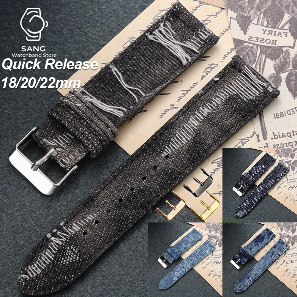 18mm 20mm 22mm Fabric Nylon Strap for Huawei Watch GT6/5/4 for Seiko Distressed Washed Denim Watch Bands Quick Release Bracelets