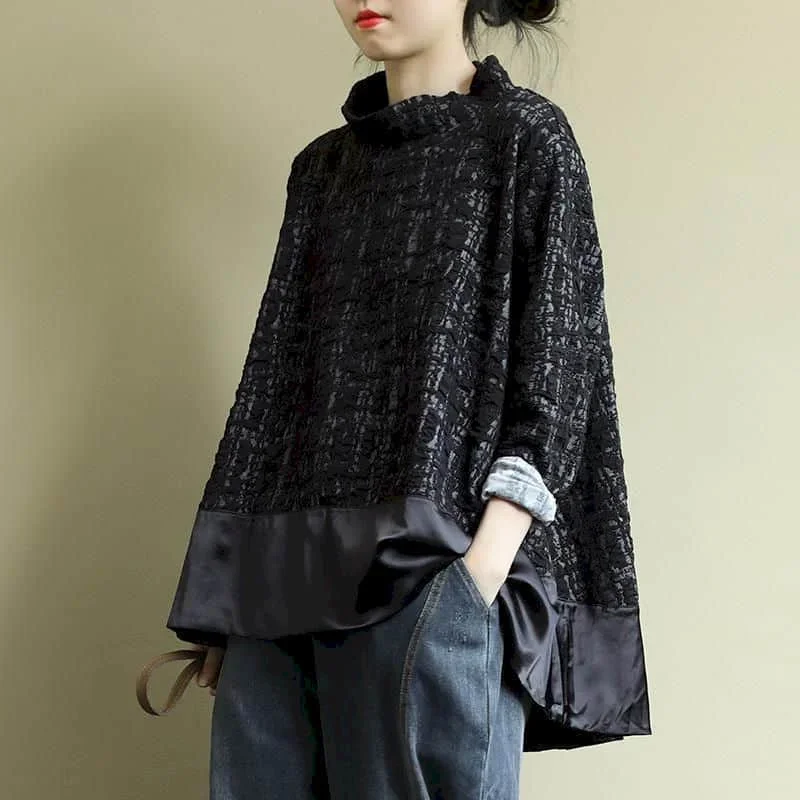 Pop Pop T-Shirts For Women Stand Collar Loose Casual Female Pullover Long Sleeved Aesthetic Tops Korean Fashion Vintage Women Cl