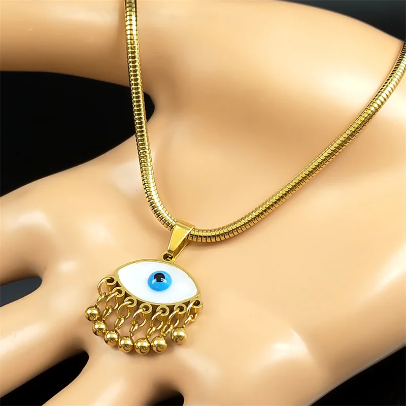 Evil Demon Eye Vintage White Shell Choker Pendant Necklace Women Men Stainless Steel Gold Color Bead Tassel Snake Chain Jewelry image 4