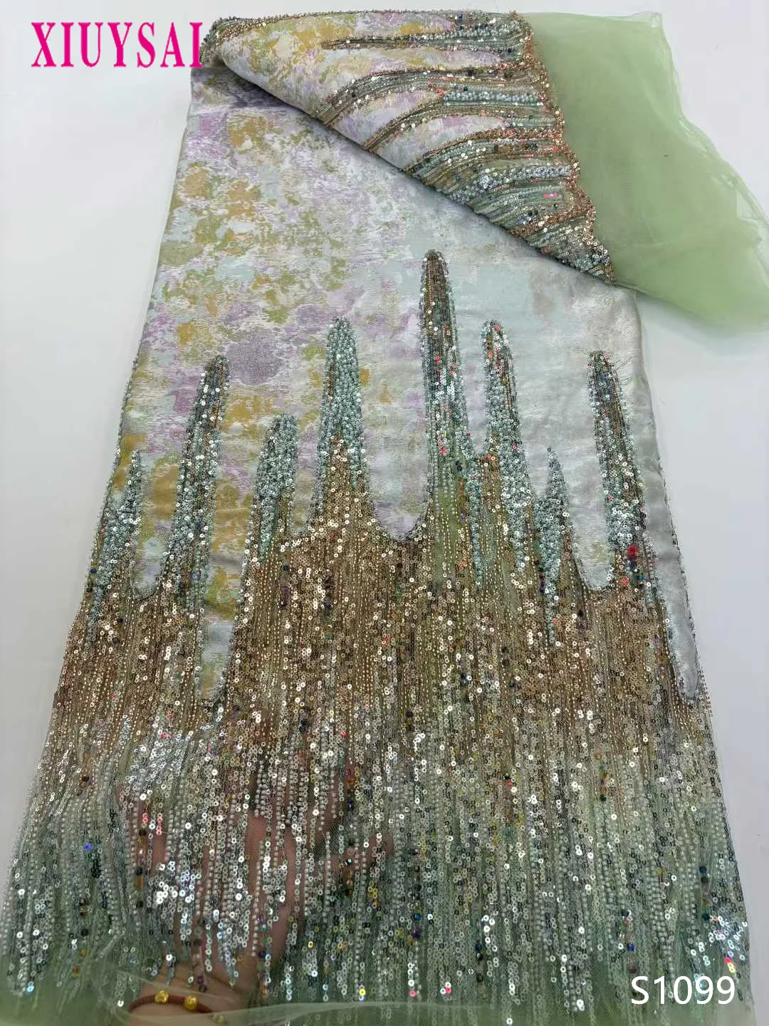 

2025 Nigerian Sequins Lace Fabric Heavy Hand Beaded Luxury French Embroidery Beads for Wedding Latest Style