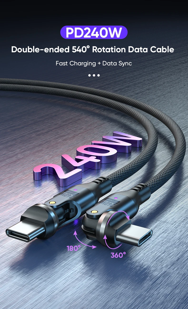 240W USB C to USB C Cable,Dual Head 540° Rotation 5A PD Fast Charging Cord,Nylon Braided Data Wire for iPhone 16,Samsung Galaxy