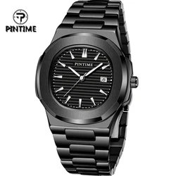 PINTIME Top Brand Mens Watch Square Face Fashion Watches Stainless Steel Band Casual Wristwatch for Men Watches Calendar Relogio