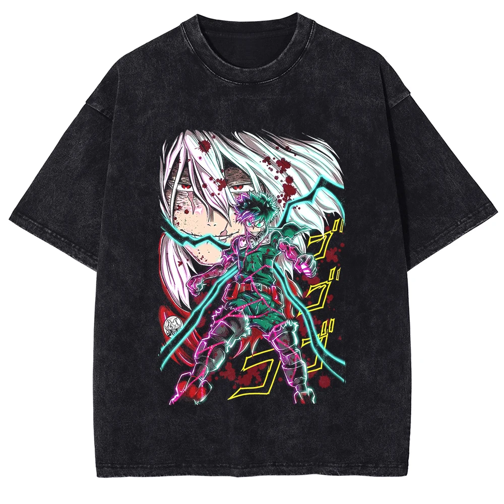

Streetwear Washed Tshirt Men Hip Hop Anime Graphic Print T-Shirt Harajuku Cotton Unisex Summer Short Sleeve T Shirt Black