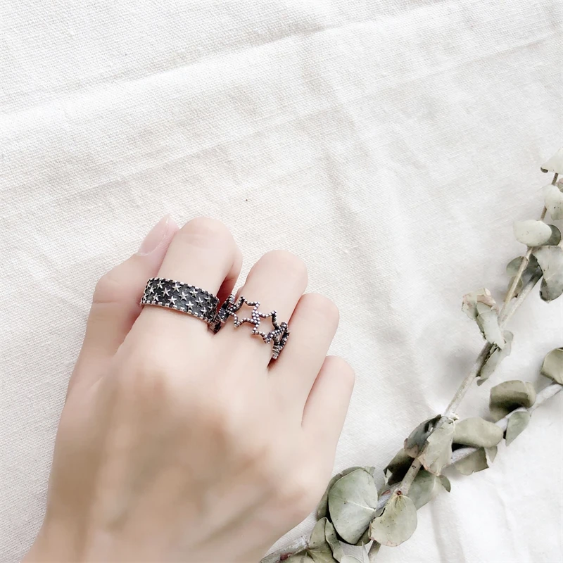 Stars Retro Thai Silver Personality Exquisite 925 Sterling Silver Female Resizable Opening Rings RI294