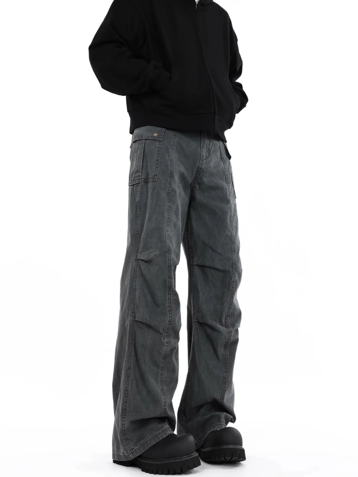 

Retro American Waed Casual Pants Men's ey Loose Workwear Trousers with Pleats Micro Flared Youthful Vitali Sle