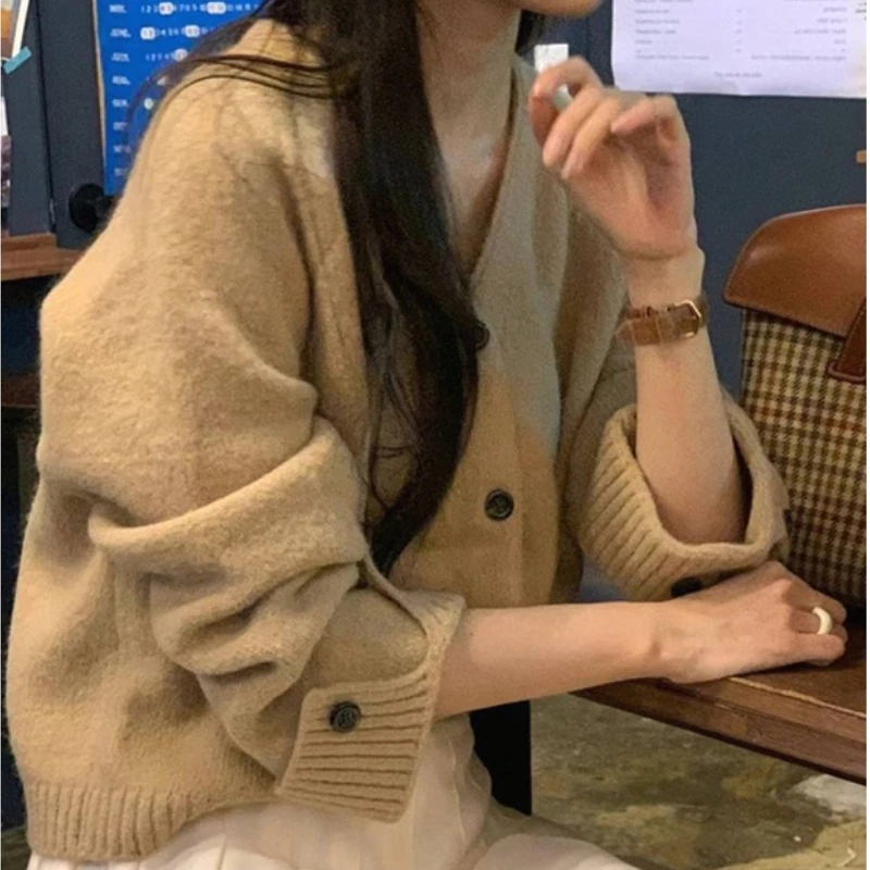 

Women Knitted Sweaters Casual Cardigan Jumpers Solid V Neck Long Sleeves Loose Fit Single Breasted Slight Strech 2025 Autumn