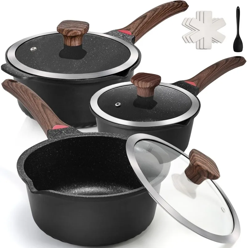 Sauce Pan Set with Lid 10PCS, 2QT+3QT+4QT Non Stick Sauce Pots Cooking Induction Pot set, Silicone Tools and Pot Protect