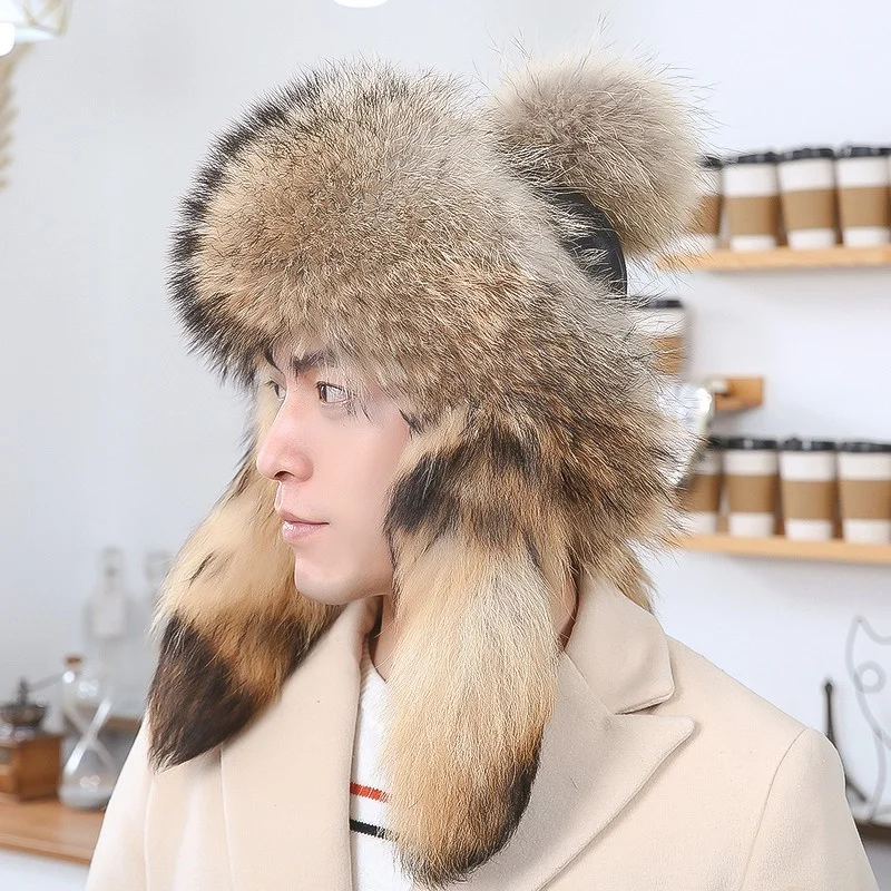 Thickened Fluffy Fur Hat For Men High Quality Raccoon Fur Warm Lei Feng Hat New Winter Luxury Ear Protection Hat