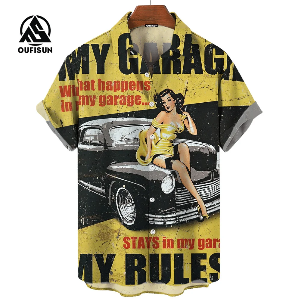 Men\'s Shirt Retro Motorcycle Lapel Buttoned Shirt Summer Short Sleeve Clothing Street Casual Loose Clothes 2024 Hawaiian Shirt