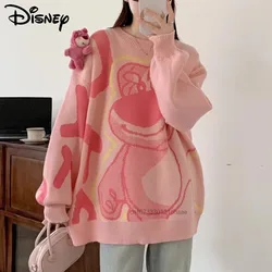 New Disney Cute Lotso Bear Women Knit Sweater Sweet Kawaii Pullover Y2k Cartoon Loose Clothing Preppy Round Neck Long Sleeve Top