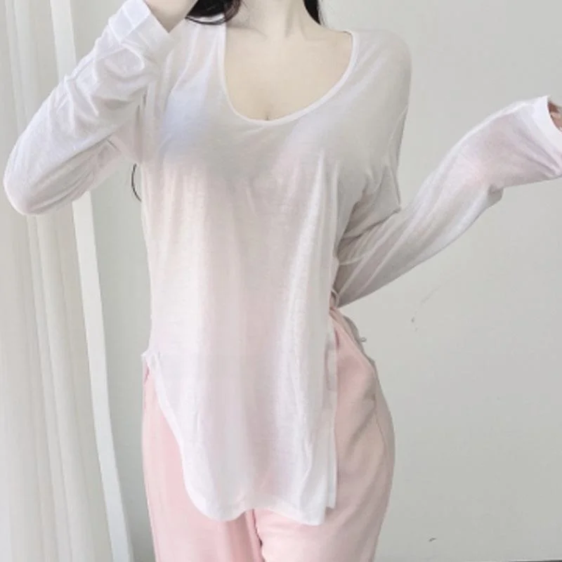 Comfortable Long Sleeve T-Shirt Low Cut V-Neck Arc Swinging UH283 Transparent Effect Korean Style Straight Cut Spring Fashion