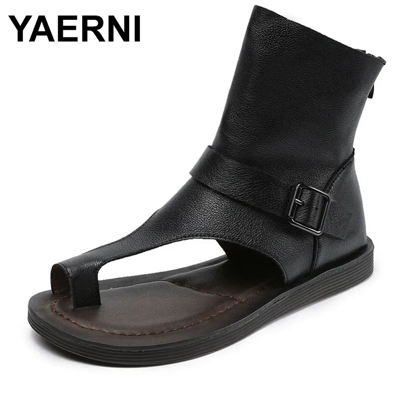 

Высококачественные женские сандалии-гладиаторы, летние римские сандалии на плоской подошве из натуральной коровьей кожи с застежкой-молнией сзади, крутые ботильоны черного цвета