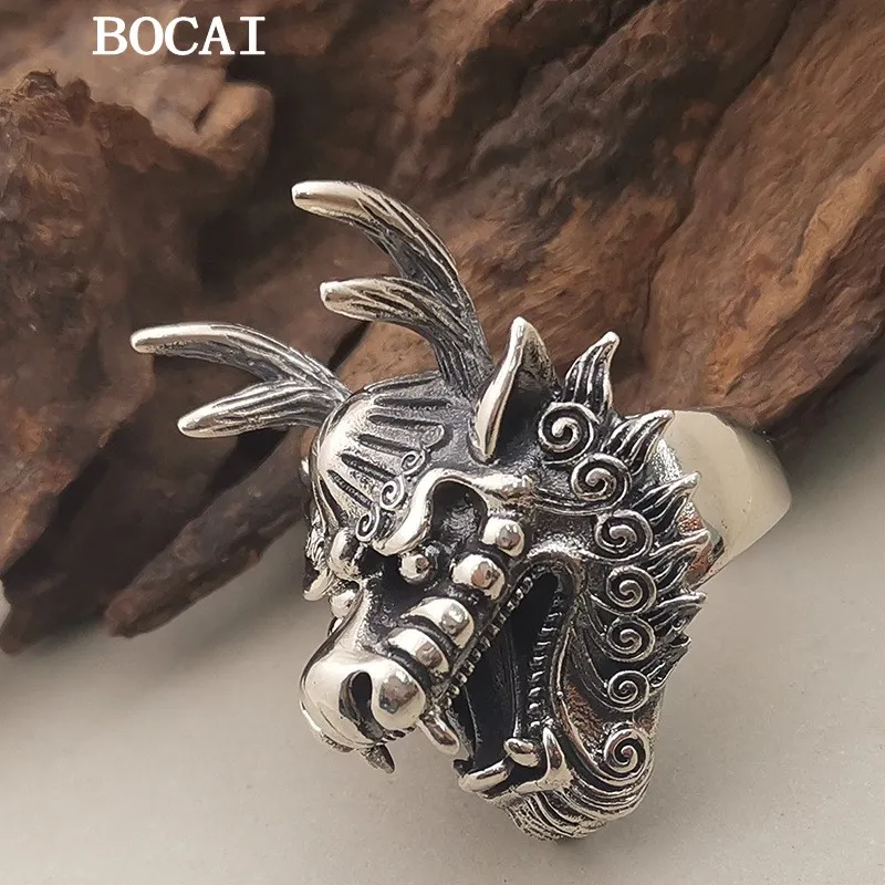 

BOCAI NEW S925 Sterling Silver Retro and Domineering Dragon, Head Ring Men's Gift