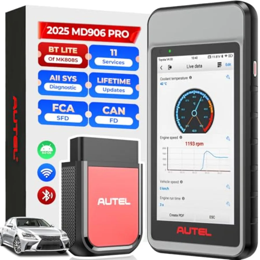 

MaxiDiag MD906 PRO OBD2 Scanner 2025 All System Diagnostic Scan Tool with CAN FD Support 11 OBDII Services 10 Test Modes FCA Bl