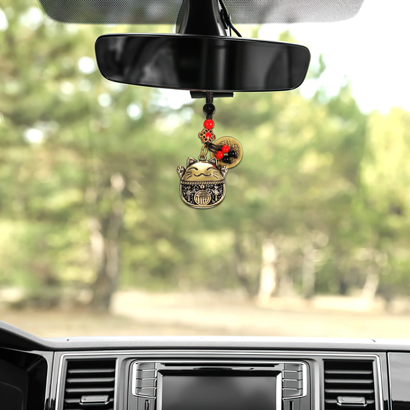 2 Pcs Keychain Pendant Cat Ornaments Fortune Ring Brass Car Mirror Decor Hanging Charm Bag Pendants Miss Rear View Accessories