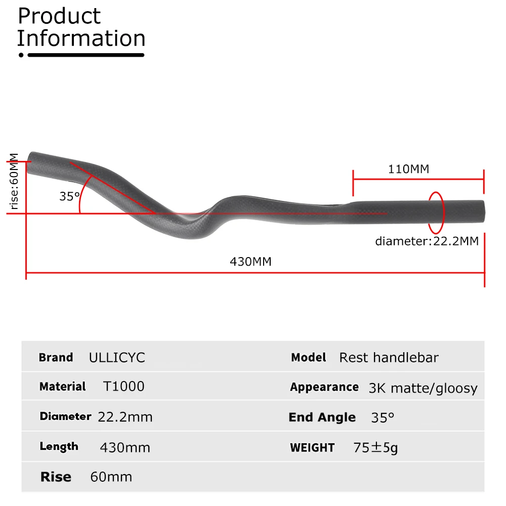 ULLICYC Road Bike Triathlon Time Trial,3K Full Carbon  Matte/Glossy  Bicycle Rest TT Handlebar 35° For Aero Extension Handlebar