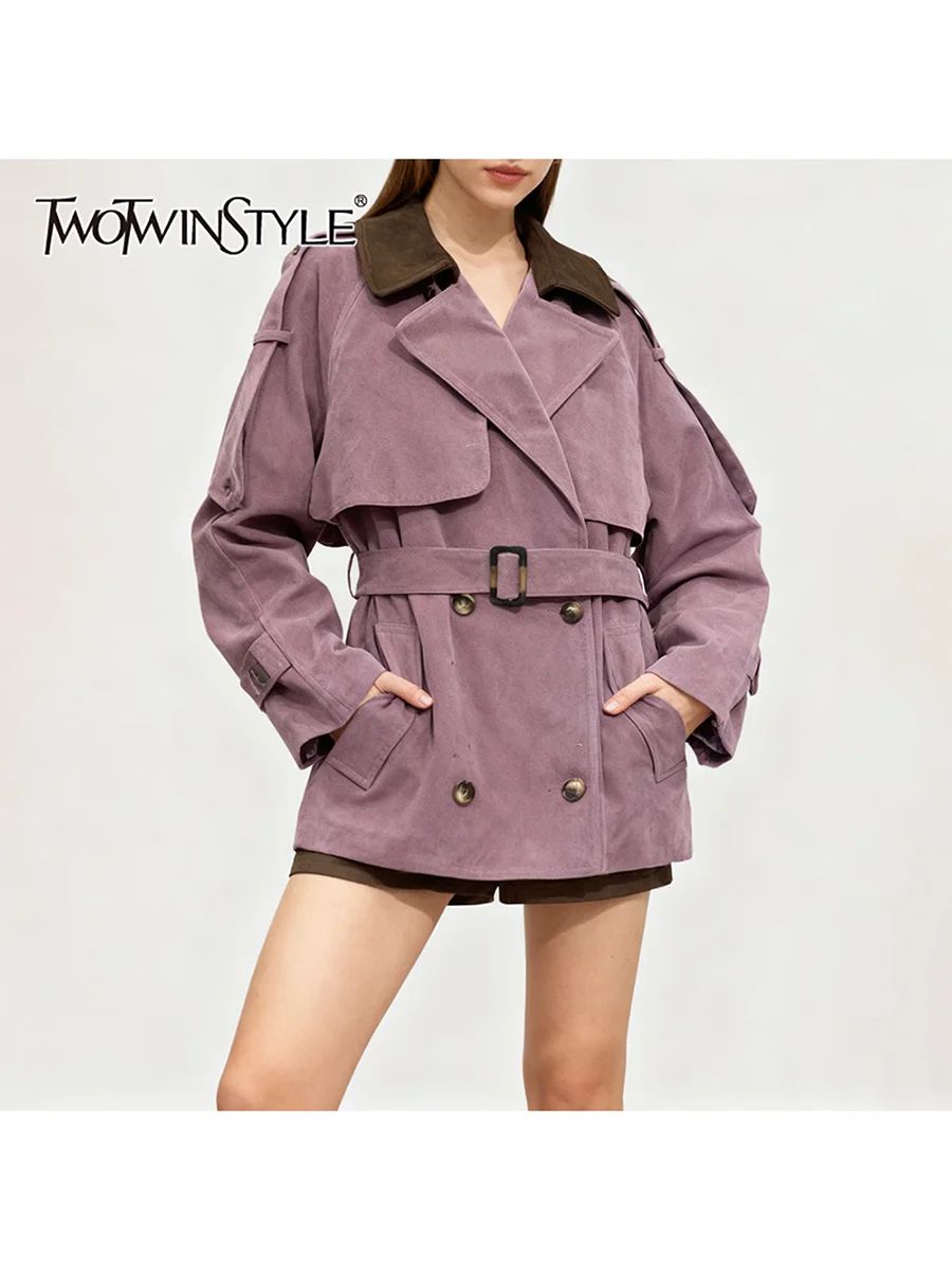 

TWOTWINSTYLE хит цвета, свободный пояс, модные плащи для женщин, Тренч с длинными рукавами и лацканами, лоскутные пуговицы, женская одежда