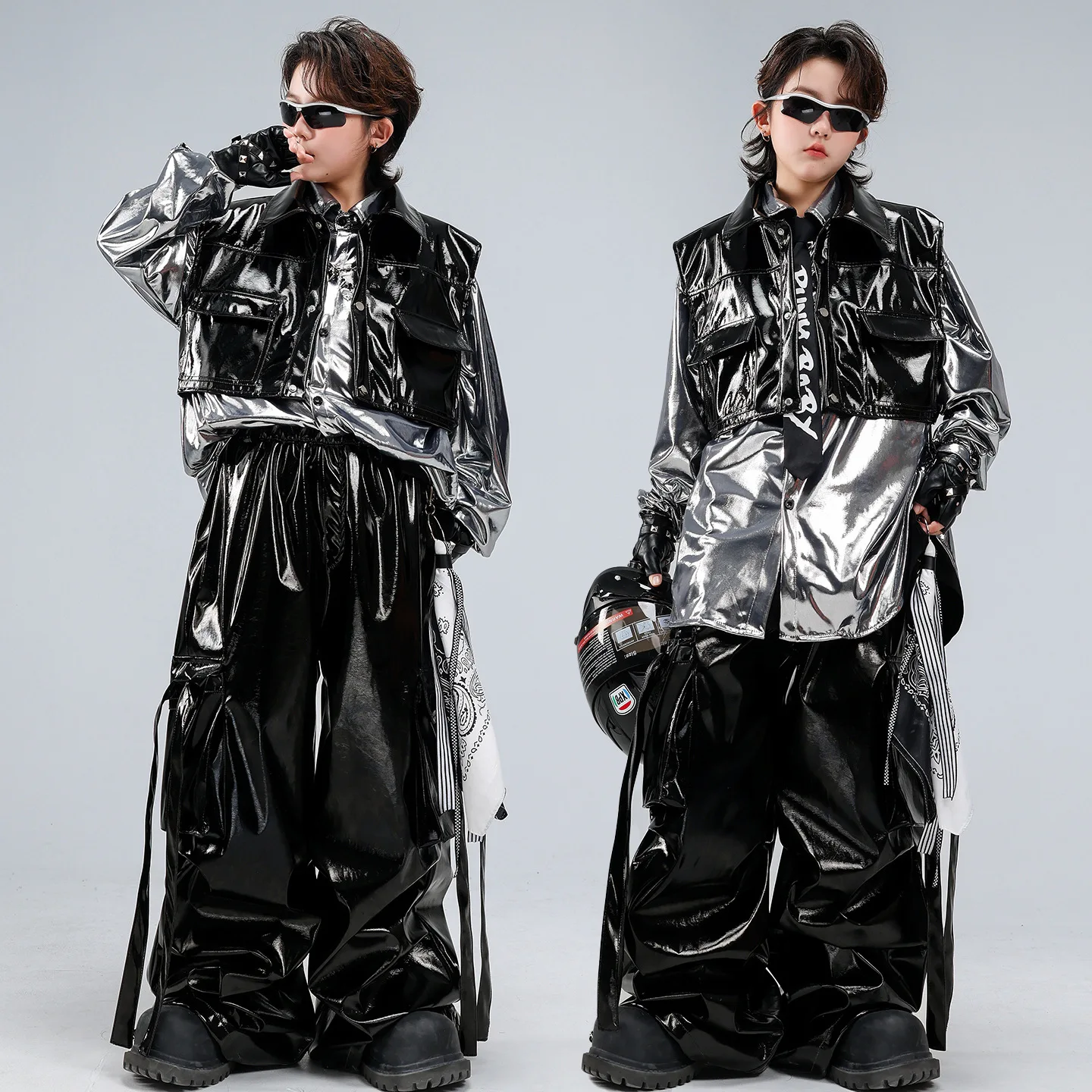 

Kid Kpop Hip Hop Clothing Silver Metallic Long Sleeve Shirt Black Faux Leather Cargo Pants for Girl Boy Dance Costumes Clothes