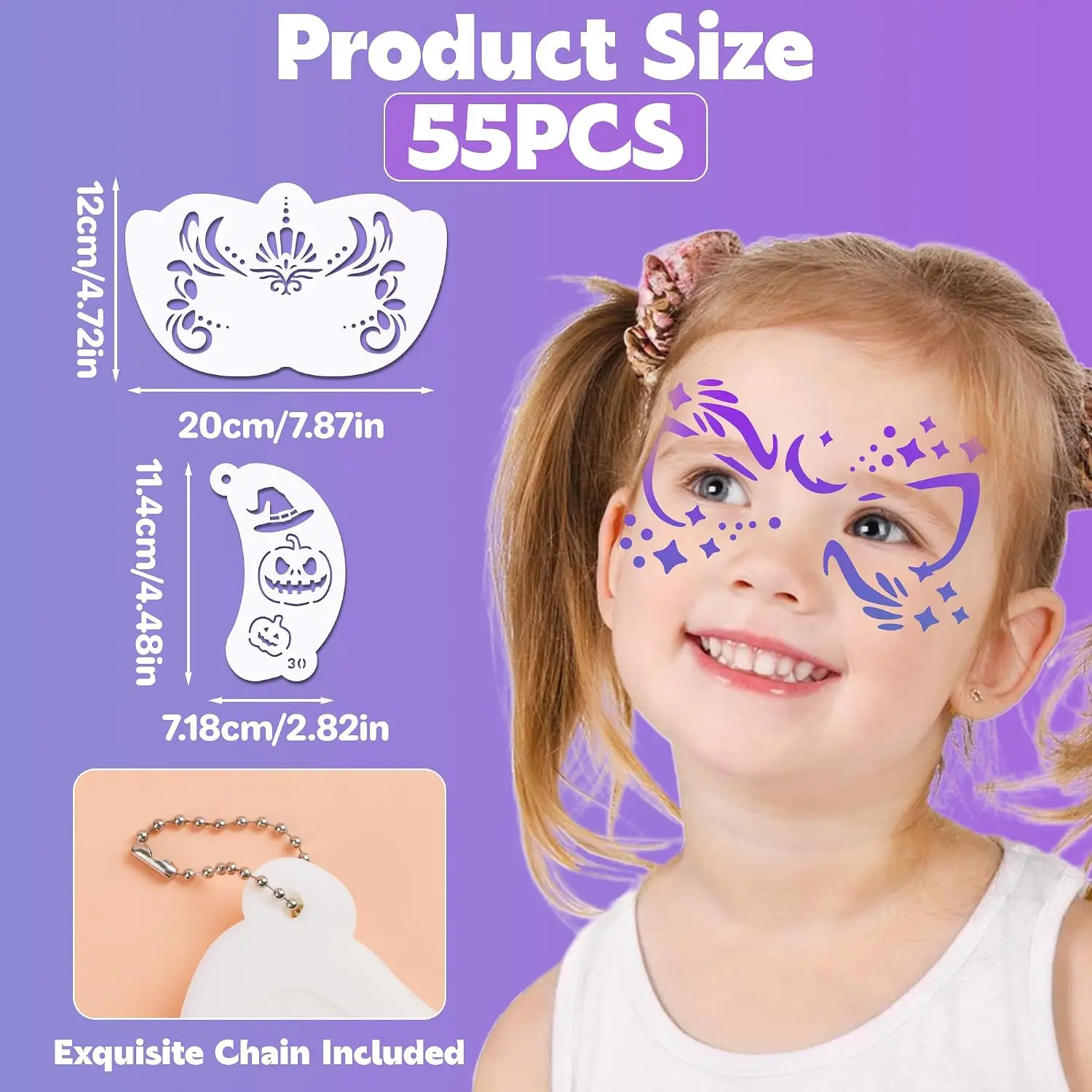 55PCS Reusable Face Paint Stencils Kit, DIY Body Temporary Tattoo Art Supplies for Halloween Party Makeup