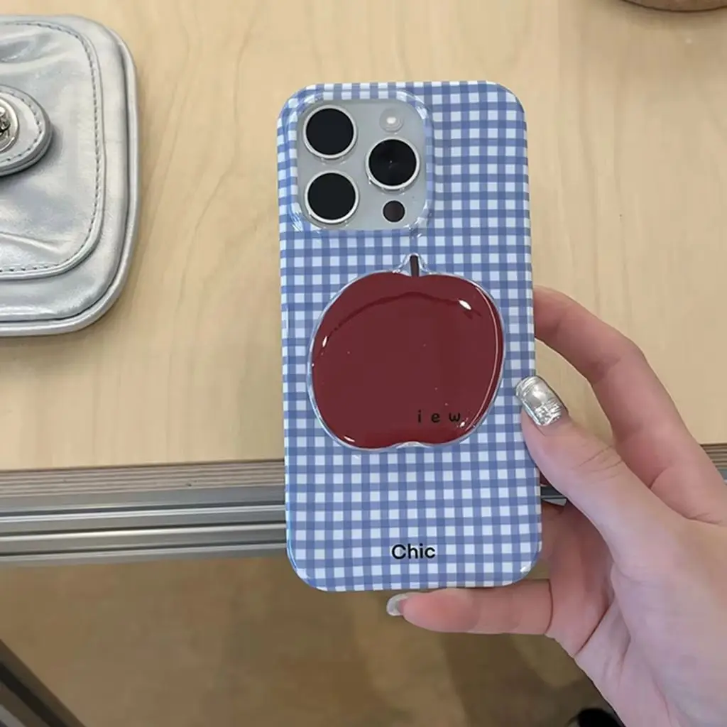 Ins Simplicity Blue Plaid Red Fruit With Holder Cover Case For iPhone 15 14 13 12 11 Pro Max Shockproof Protective Phone Case