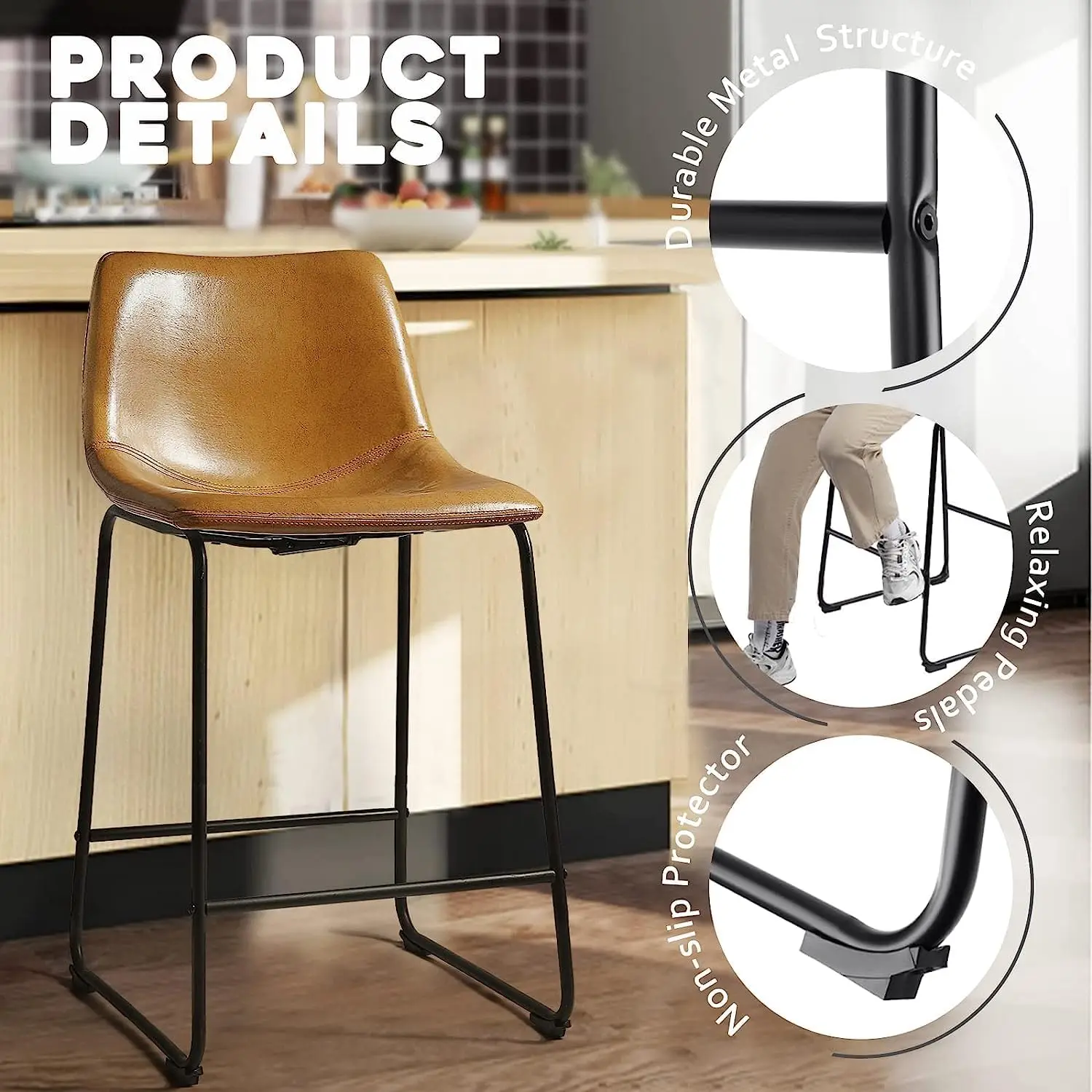 26' Counter Height Bar Stools Set of 4, Modern PU Leather with Metal Legs & Footrest (Whisky)