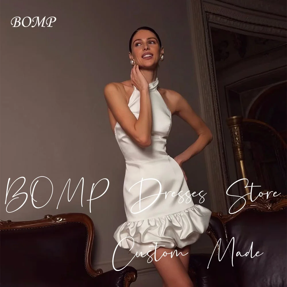 

BOMP Elegant Ruched Mini Wedding Party Dress Halter Bacckless Ivory Satin Short Prom Gown Customized Classic Robe de mariée