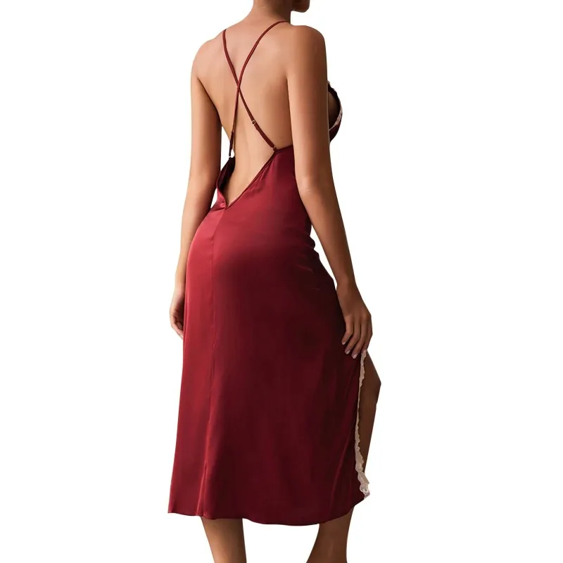 Sexy Satin Nightgown For Women Deep V Neck Floal Lace Trim Backless Long Slip Dress Side High Slit Bodycon Babydoll Nightwear