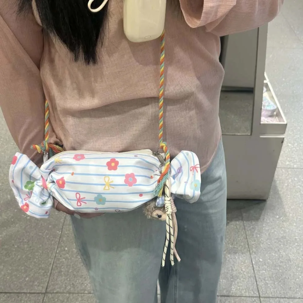 

Sweet Candy Design Shoulder Bag Flower Canvas Sugar Shaped Crossbody Bag Storage Pouch Stripe Creative Bundle Pocket Travel