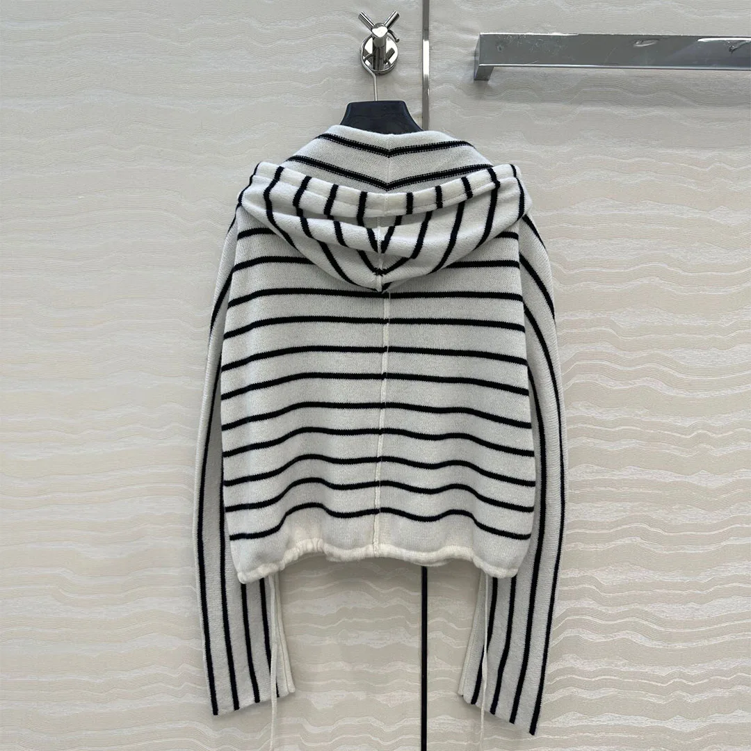 

High Quality 100% Wool Knitted Stripes Cardigans Women Drawstring With Cap Zipper Long t Sweater