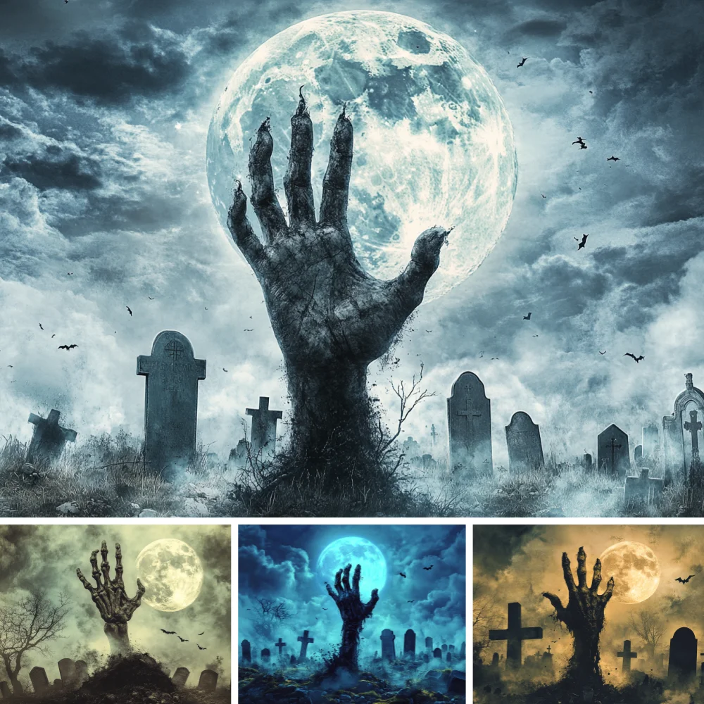 Horror Graveyard Halloween Backdrop Zombie Hand Ancient Tombstone Giant Full Moon Sky Flying Bat Spooky Night Party Background