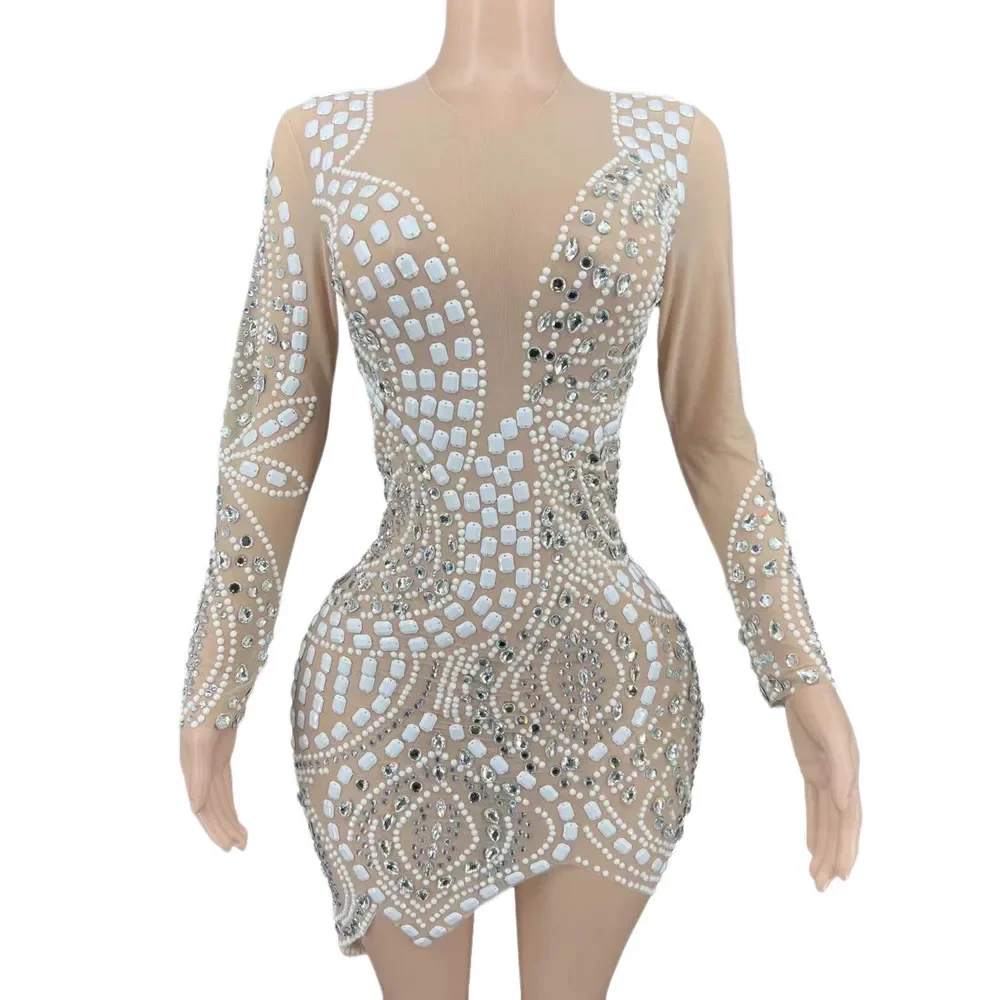 

Nude Shining Rhinestones Crystal Long Sleeves Sexy Sheath Dress For Women Nightclub Party Clothing Singer Stage Costumes