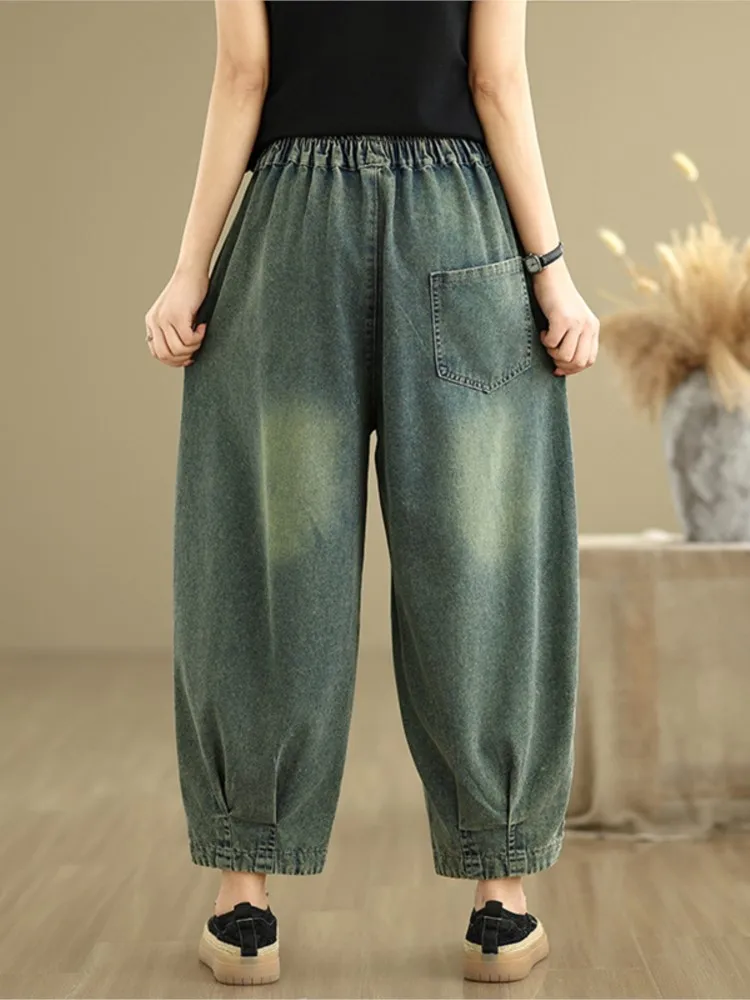 Oversized Jeans Summer Pant Women Geometric Print Retro Fashion Ladies Trousers Loose Elastic High Waist Woman Harem Pants