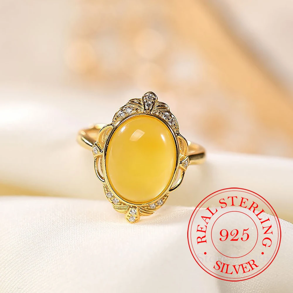 925 Sterling Silver Jewelry 18K Gold Plated Crystal Natural Amber Finger Rings for Women Wedding Party Jewelry For Friend Gift
