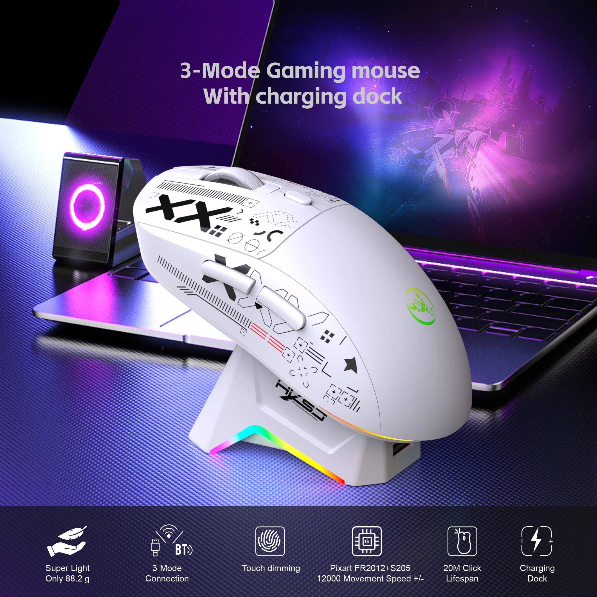 New Wireless Mouse RGB Mouse,2.4 Tri-Mode Connection, RGB Touch Magnetic Charging Base, Macro Gaming Mouse Ergonomic