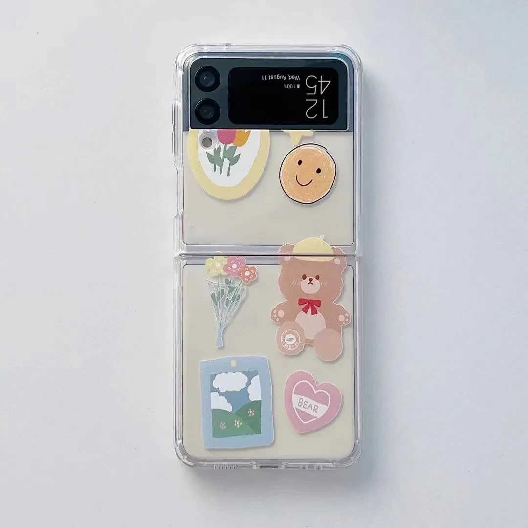 لطيف الكرتون الدب الحالات الهاتف لسامسونج غالاكسي Z Flip 3 5G الصلب قطعة غطاء شفاف ل Z Flip 3 ZFlip3 واقية قذيفة كابا
