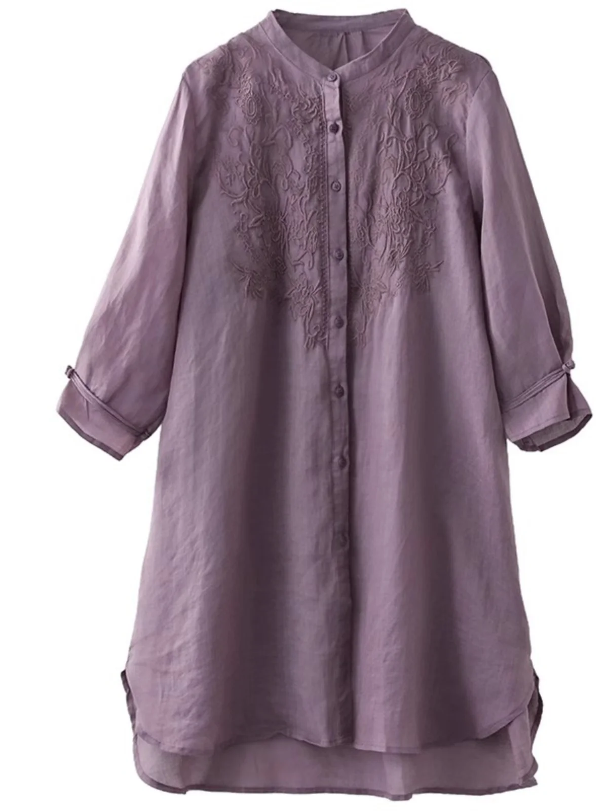 Retro Artystyczna Haftowana Lniana Sukienka Midi Duży Rozmiar Damska Asymetryczna Cienka Ochrona Przed Słońcem Otwarta...