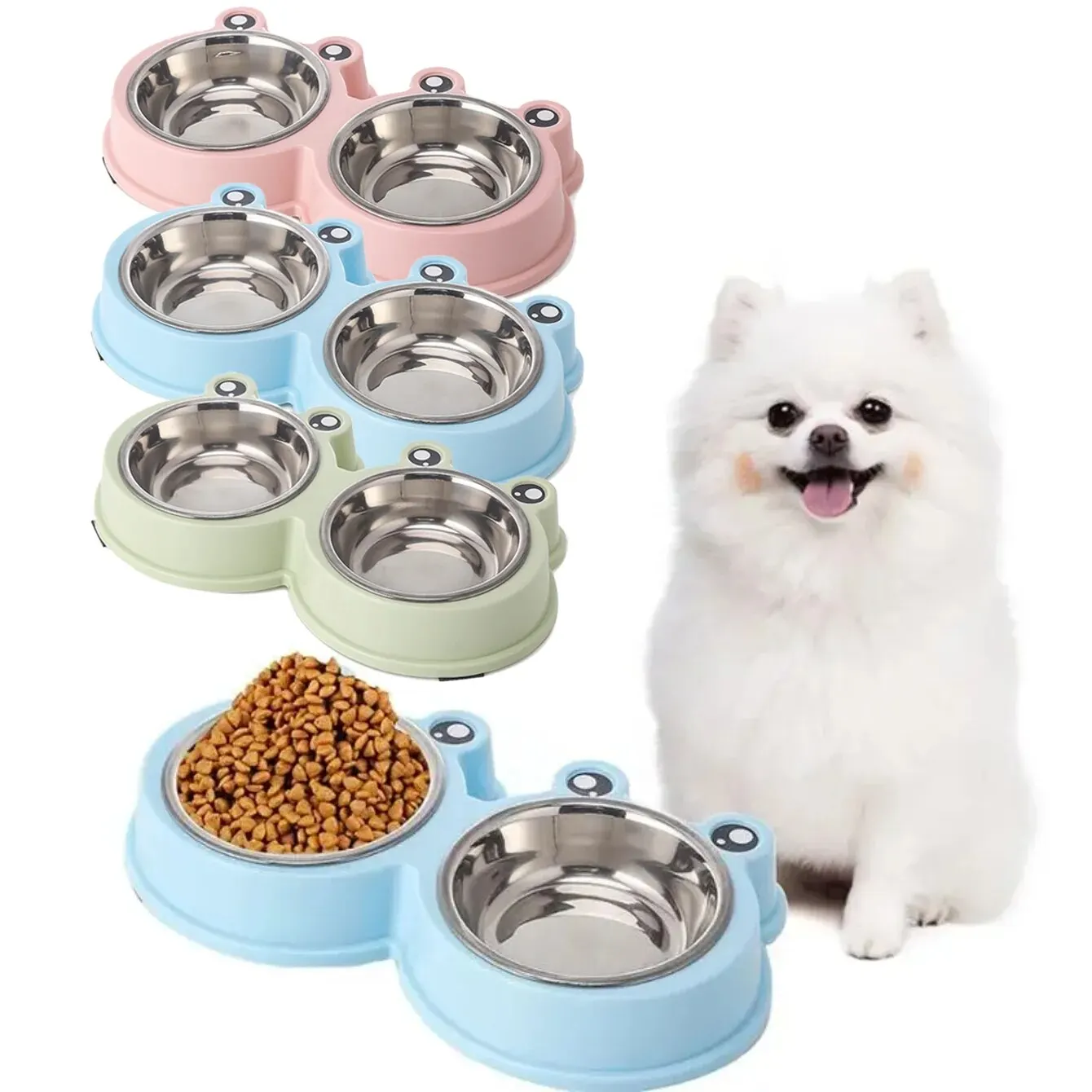 Pet Dog Food Feeder Double Bowl Stainless Steel Rounded Cute Cartoon Frog Style Thickened Combo Anti-skid