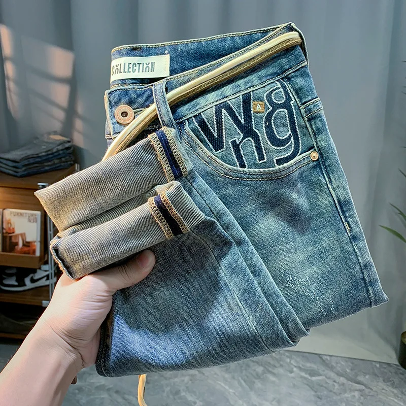 Retro Washed Worn Jeans Men's Thin Fashion Brand Printed Loose Straight Casual Trousers 2024 Summer